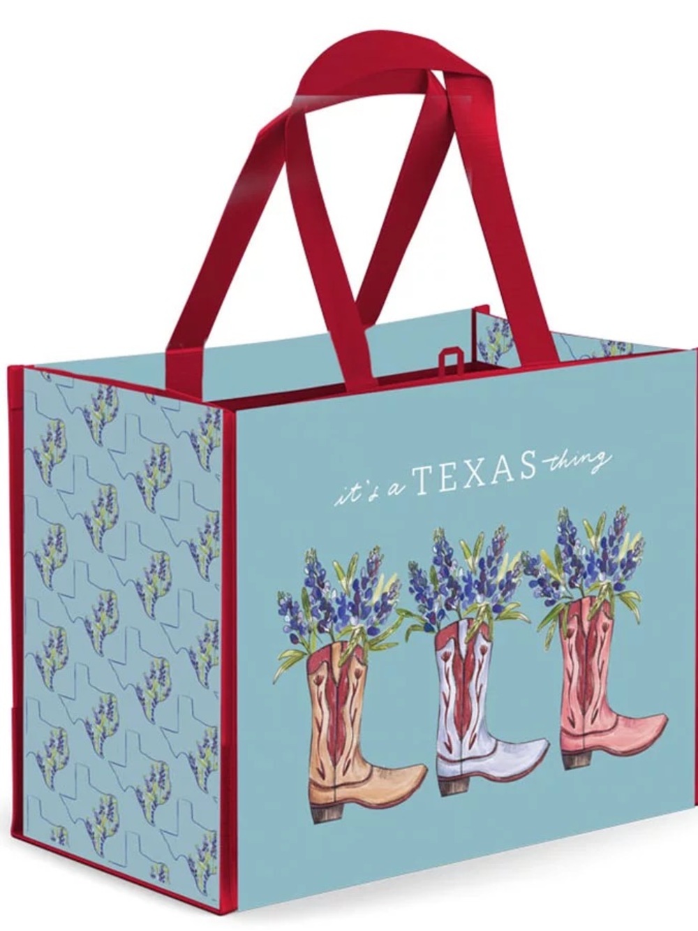Reusable Tote Bag with Bluebonnet Cowboy Boot Design - Light Blue & Red